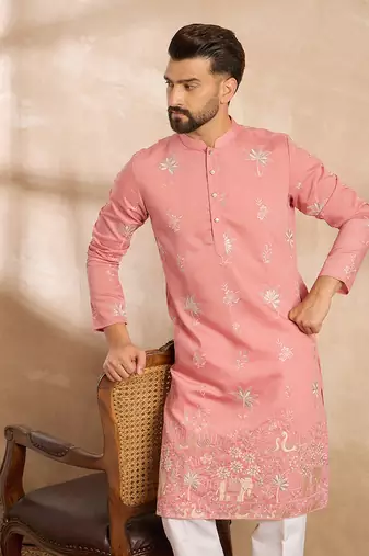 Men pink cotton solid embroidered straight kurta