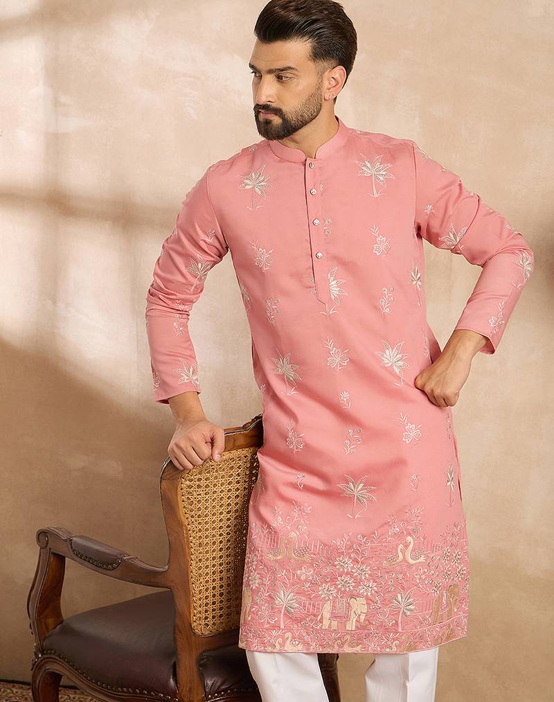 Men pink cotton solid embroidered straight kurta