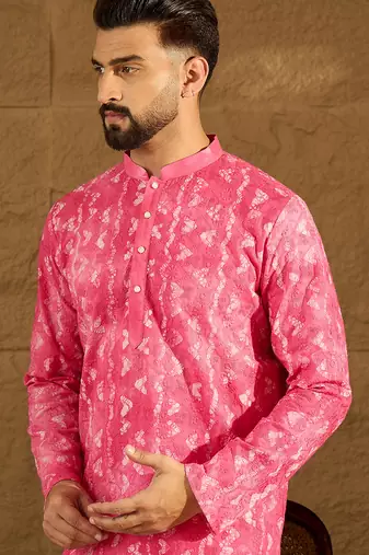Men pink cotton batik embroidered straight kurta