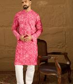 Men pink cotton batik embroidered straight kurta