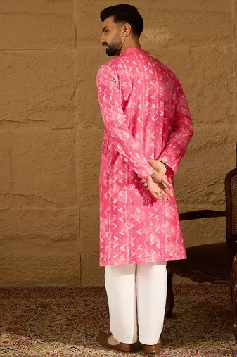 Men pink cotton batik embroidered straight kurta