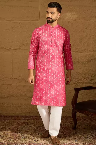 Men pink cotton batik embroidered straight kurta