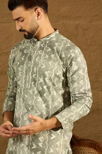 Men sea green cotton batik embroidered straight kurta