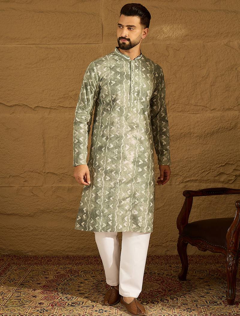 Men sea green cotton batik embroidered straight kurta