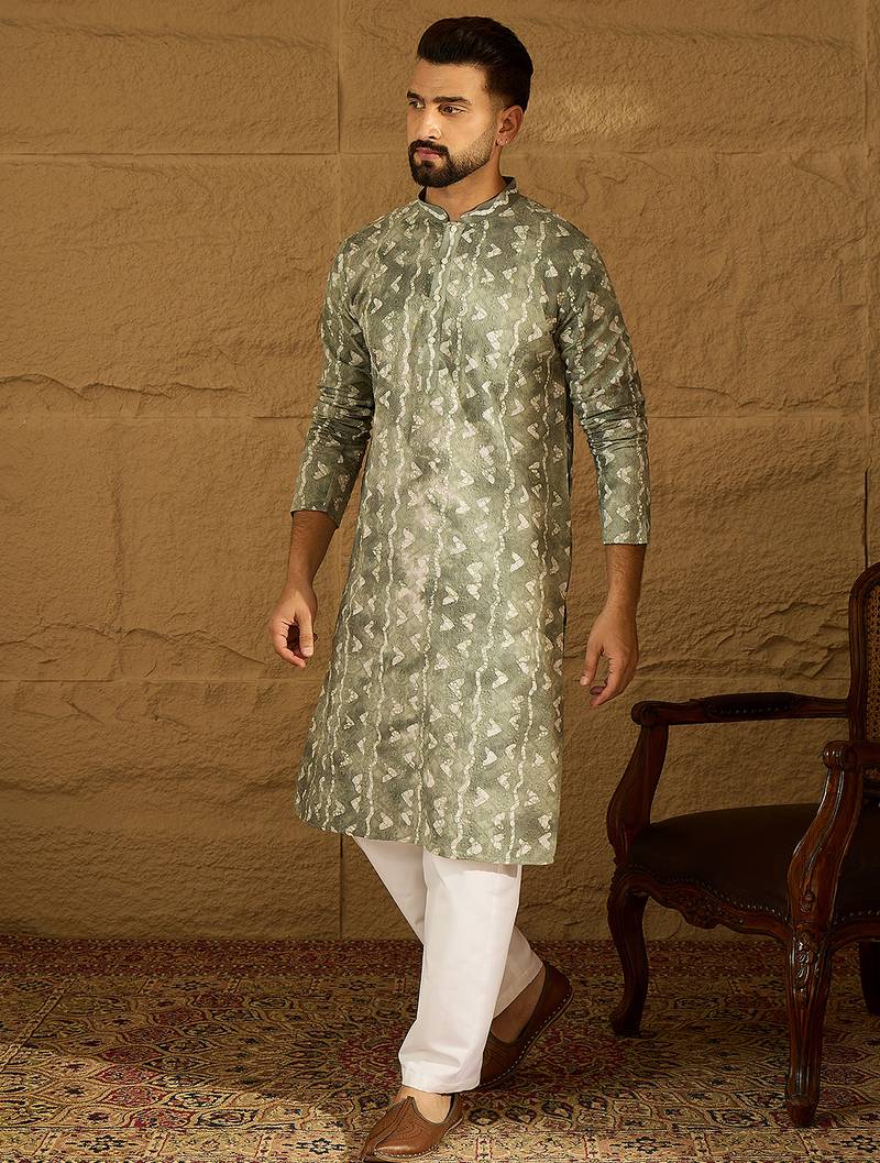 Men sea green cotton batik embroidered straight kurta