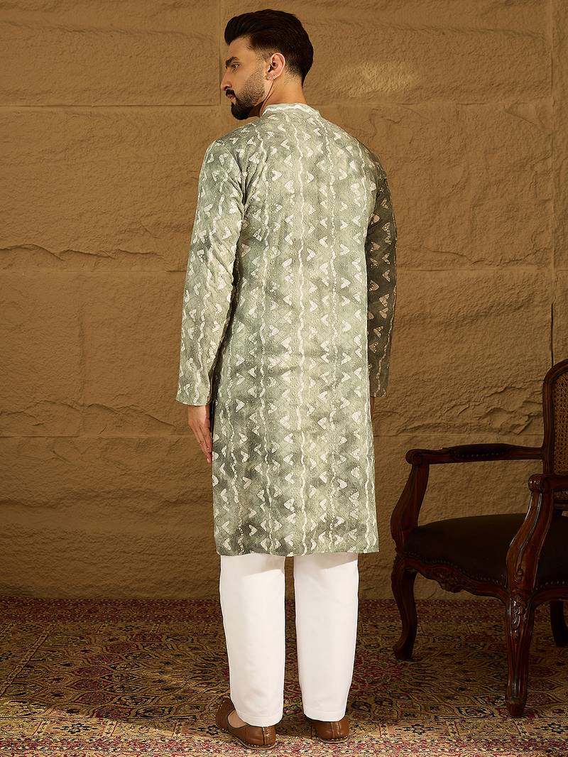 Men sea green cotton batik embroidered straight kurta