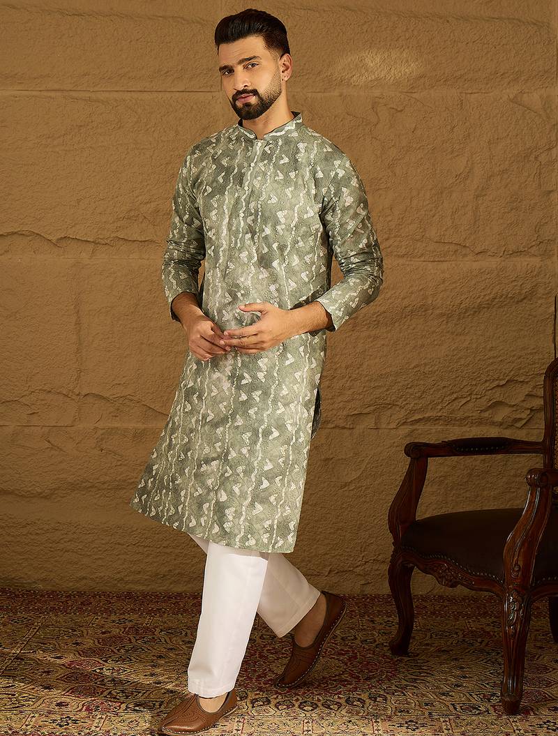 Men sea green cotton batik embroidered straight kurta