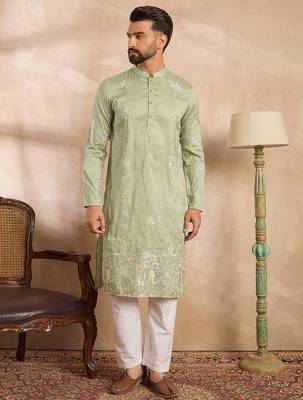 Men olive silk blend solid embroidered straight kurta 1