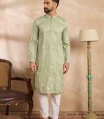 Men olive silk blend solid embroidered straight kurta