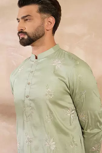 Men olive silk blend solid embroidered straight kurta