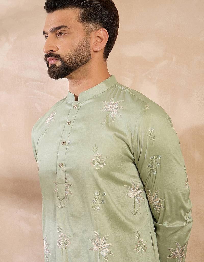Men olive silk blend solid embroidered straight kurta