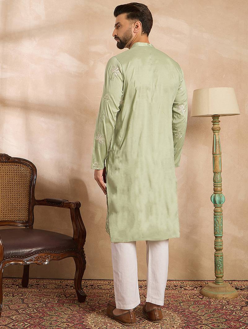 Men olive silk blend solid embroidered straight kurta