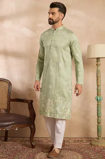 Men olive silk blend solid embroidered straight kurta