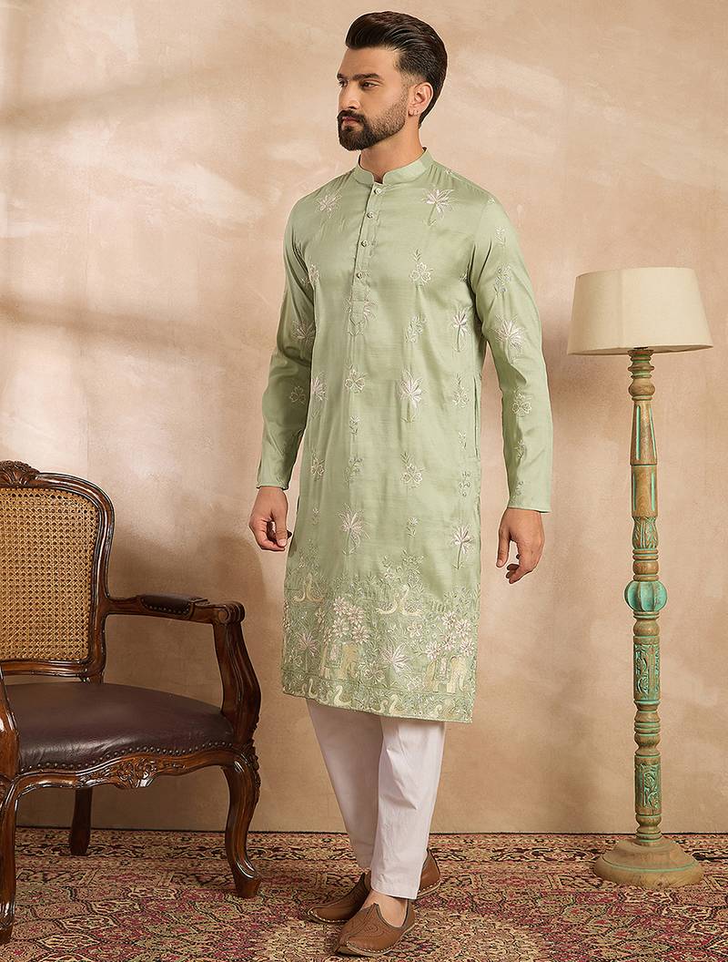 Men olive silk blend solid embroidered straight kurta