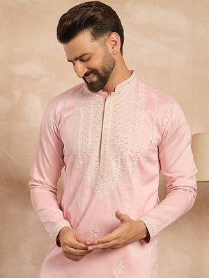 Men pink silk geometric embroidered straight kurta 1