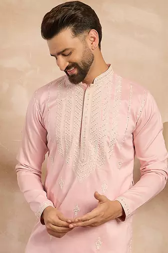 Men pink silk geometric embroidered straight kurta
