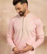 Men pink silk geometric embroidered straight kurta