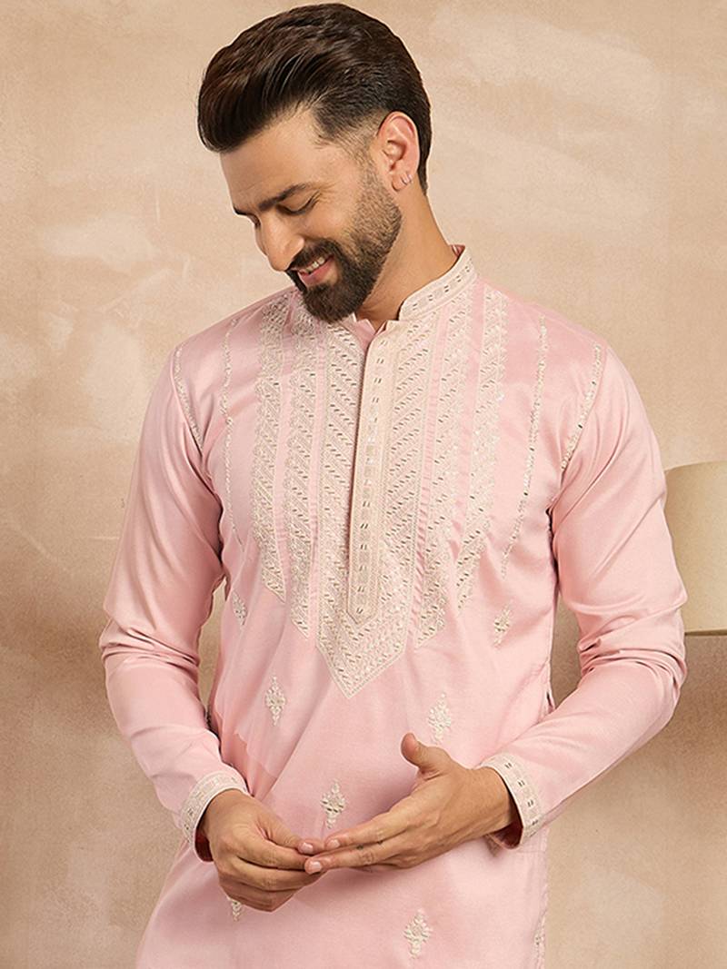Men pink silk geometric embroidered straight kurta