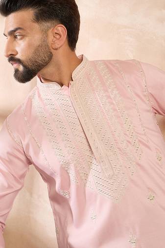 Men pink silk geometric embroidered straight kurta