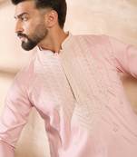 Men pink silk geometric embroidered straight kurta