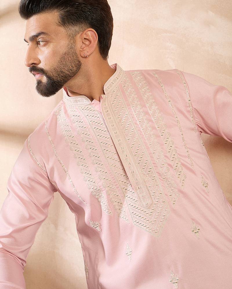 Men pink silk geometric embroidered straight kurta