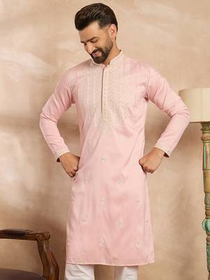 Men pink silk geometric embroidered straight kurta 2