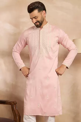 Men pink silk geometric embroidered straight kurta