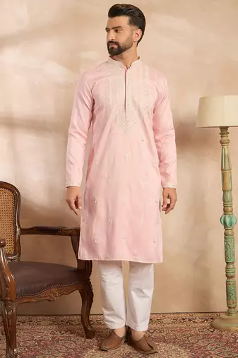 Men pink silk geometric embroidered straight kurta