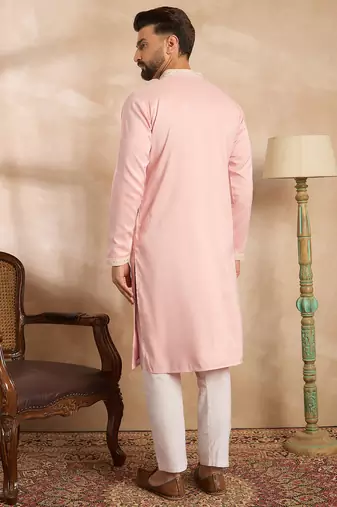 Men pink silk geometric embroidered straight kurta
