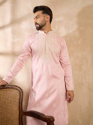 Men pink silk geometric embroidered straight kurta 5