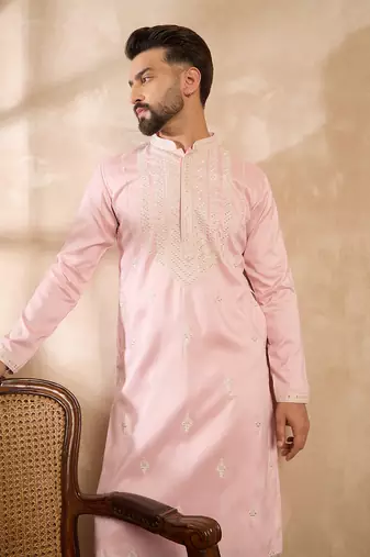 Men pink silk geometric embroidered straight kurta