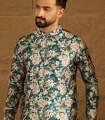 Men blue silk blend floral printed straight kurta