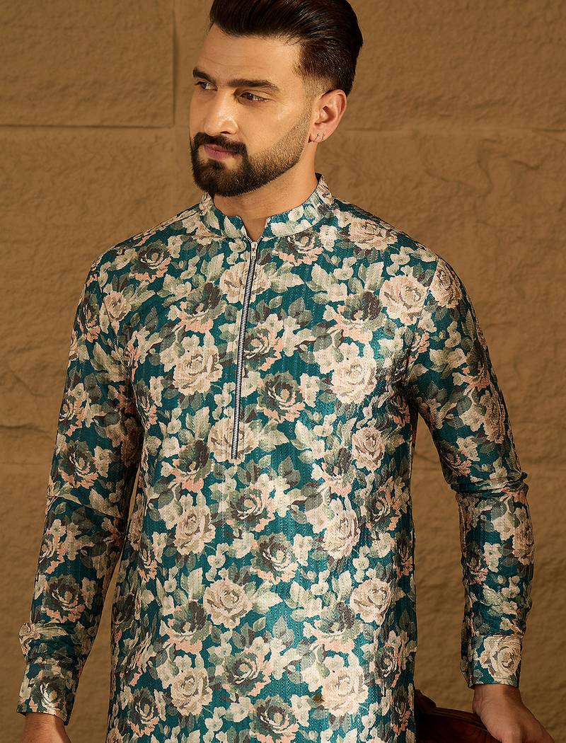 Men blue silk blend floral printed straight kurta
