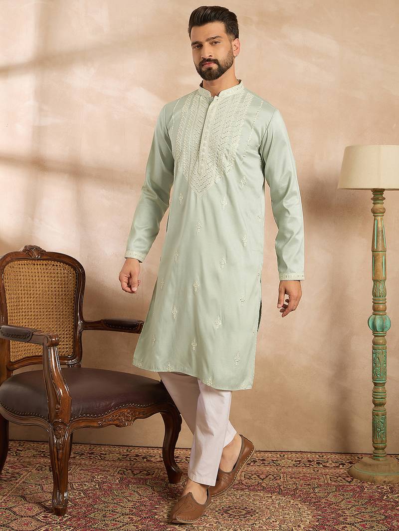 Men green silk blend geometric embroidered straight kurta