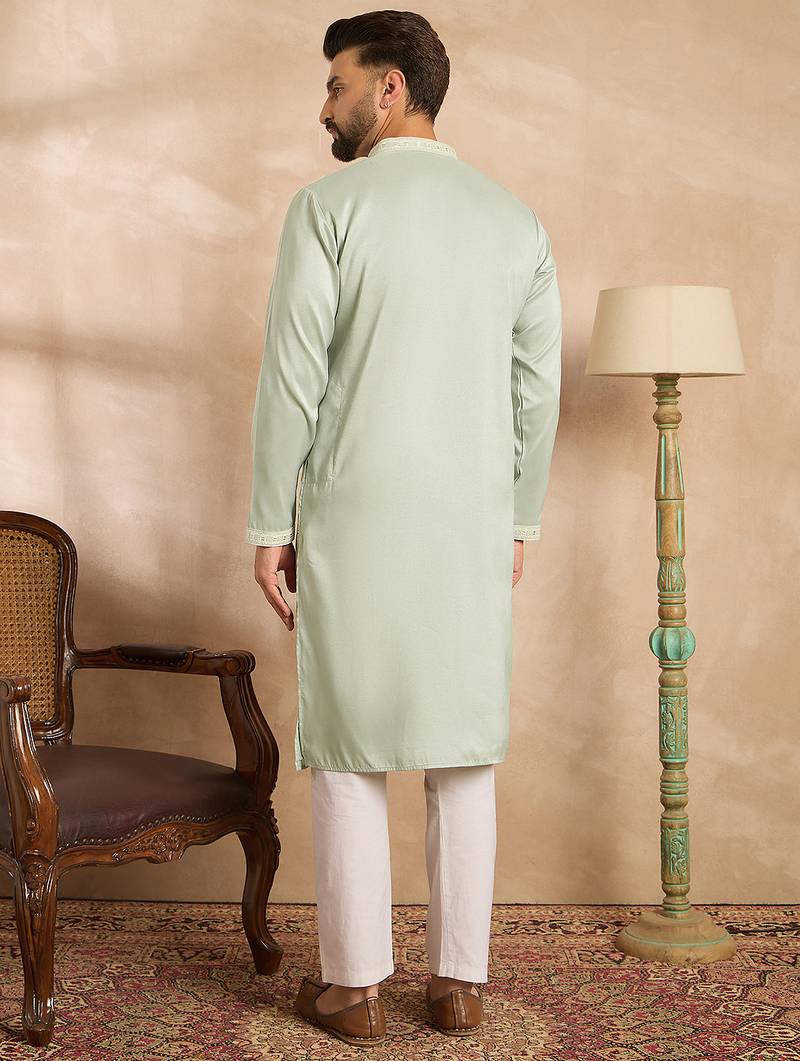 Men green silk blend geometric embroidered straight kurta