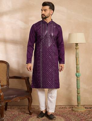Men purple silk blend geometric embroidered straight kurta 2