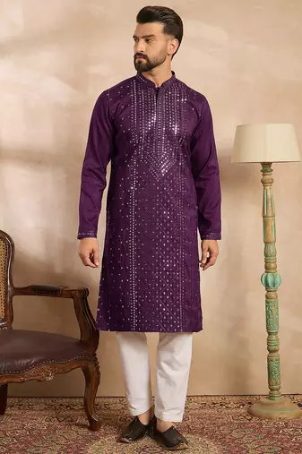 Men purple silk blend geometric embroidered straight kurta