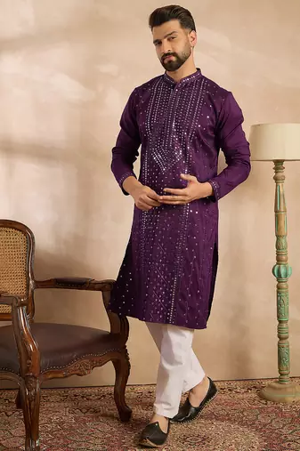 Men purple silk blend geometric embroidered straight kurta