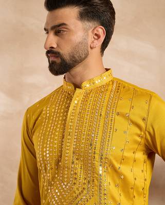 Men yellow silk blend geometric embroidered straight kurta 1