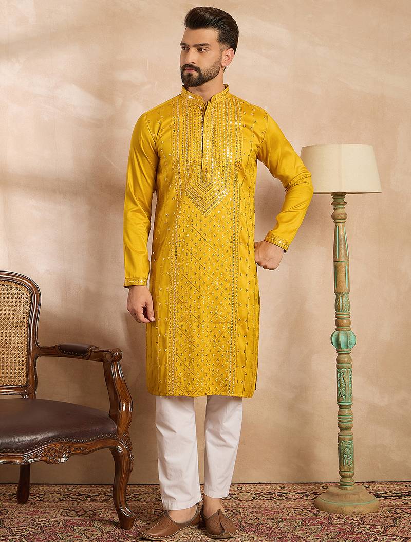 Men yellow silk blend geometric embroidered straight kurta