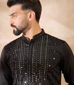 Men black silk blend geometric embroidered straight kurta