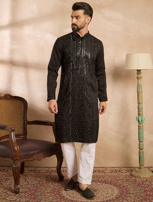 Men black silk blend geometric embroidered straight kurta 2