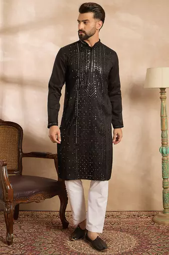 Men black silk blend geometric embroidered straight kurta