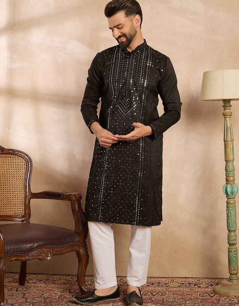 Men black silk blend geometric embroidered straight kurta