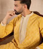 Men yellow silk blend solid embroidered straight kurta