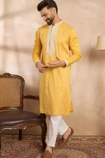 Men yellow silk blend solid embroidered straight kurta