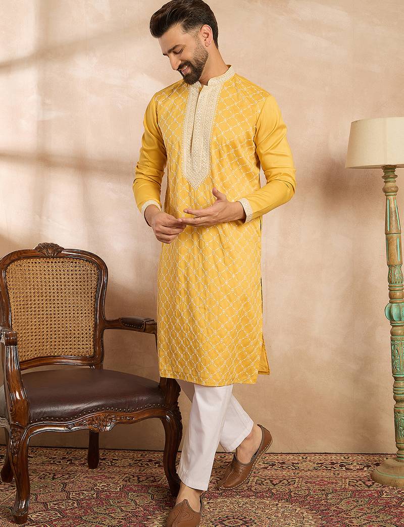 Men yellow silk blend solid embroidered straight kurta