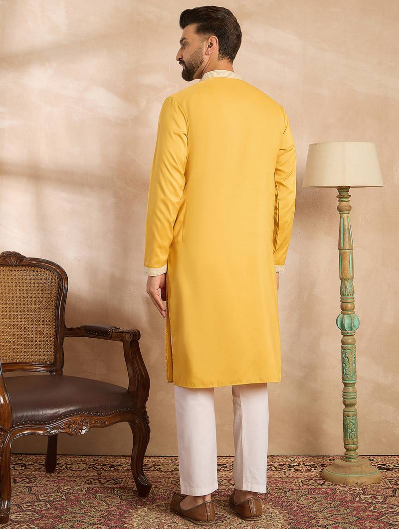 Men yellow silk blend solid embroidered straight kurta
