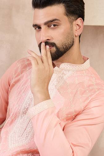 Men pink silk blend ethnic motifs embroidered straight kurta