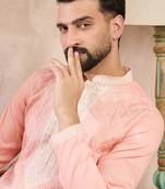 Men pink silk blend ethnic motifs embroidered straight kurta
